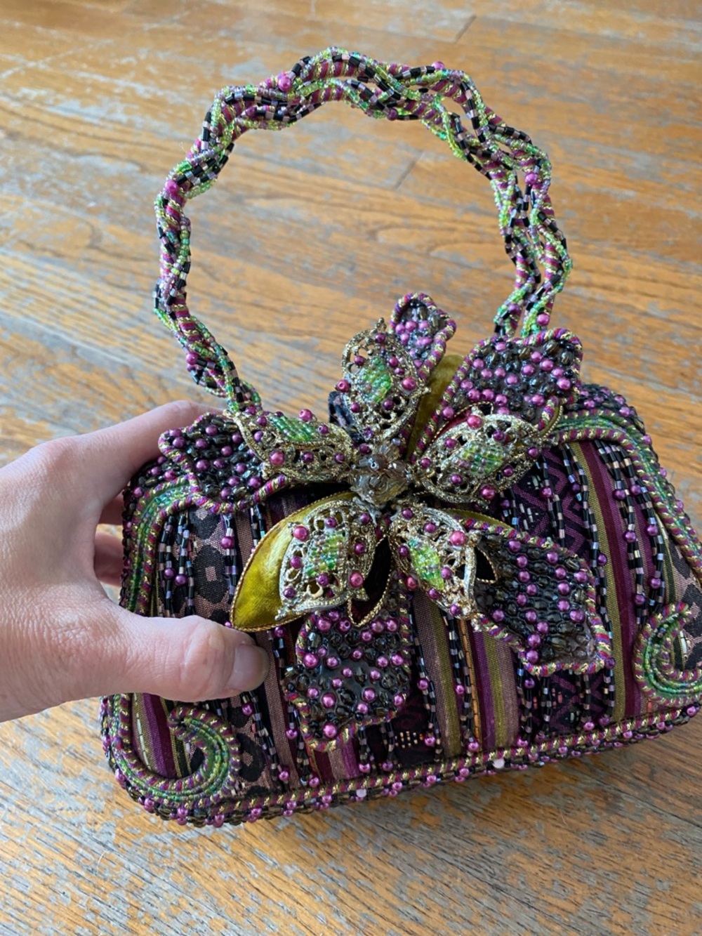 Mary Frances Hand Beaded 3D Floral Handle Evening Bag in Purple & Green - Picture 6 of 10